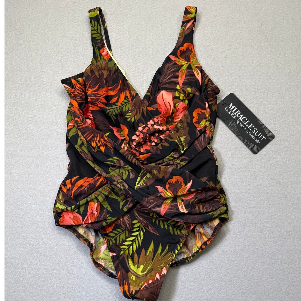 Miraclesuit Women's Botanico Crossover 1 Piece Swimsuit black/multi 16 $184